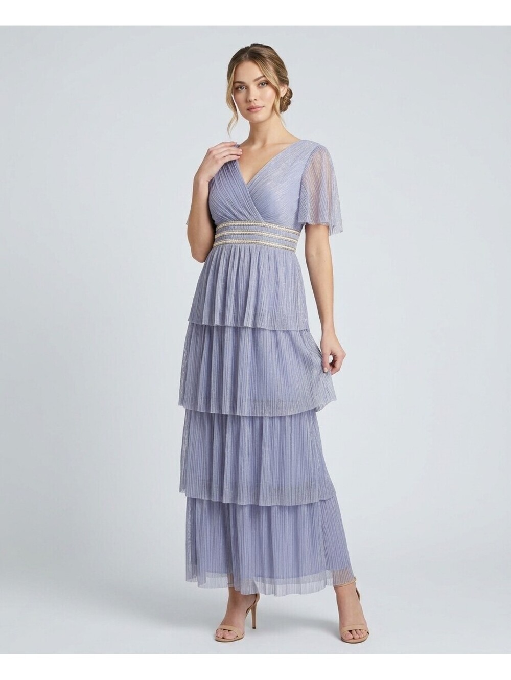 R&M Richards Women Purple Silver Metallic Pleated Tiered Maxi Dress Size 8 NWT